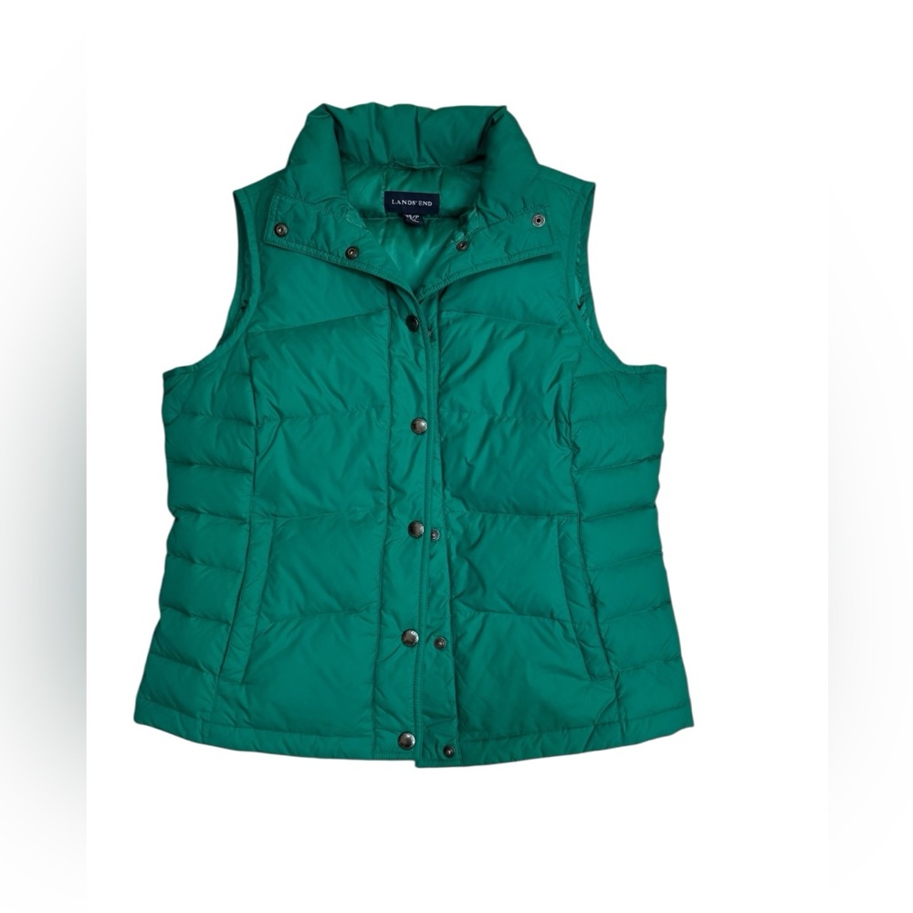 Lands’ End Down Packable Puffer Vest Size XS Petite Green Snap Front Quilted